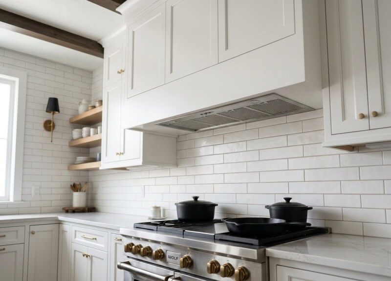 A low-angle view of a seamless white custom range hood enclosure built over a stainless steel gas stove in a bright, modern farmhouse kitchen.
