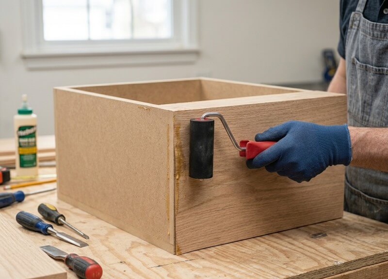 A DIYer applying real wood veneer to a flat MDF kitchen cabinet end panel using a heavy-duty J-roller.