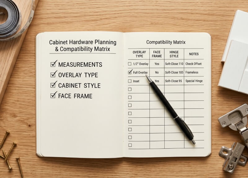 A top-down view of an open project planning journal featuring a hardware compatibility checklist, surrounded by cabinet hinges and a tape measure on a wooden desk.