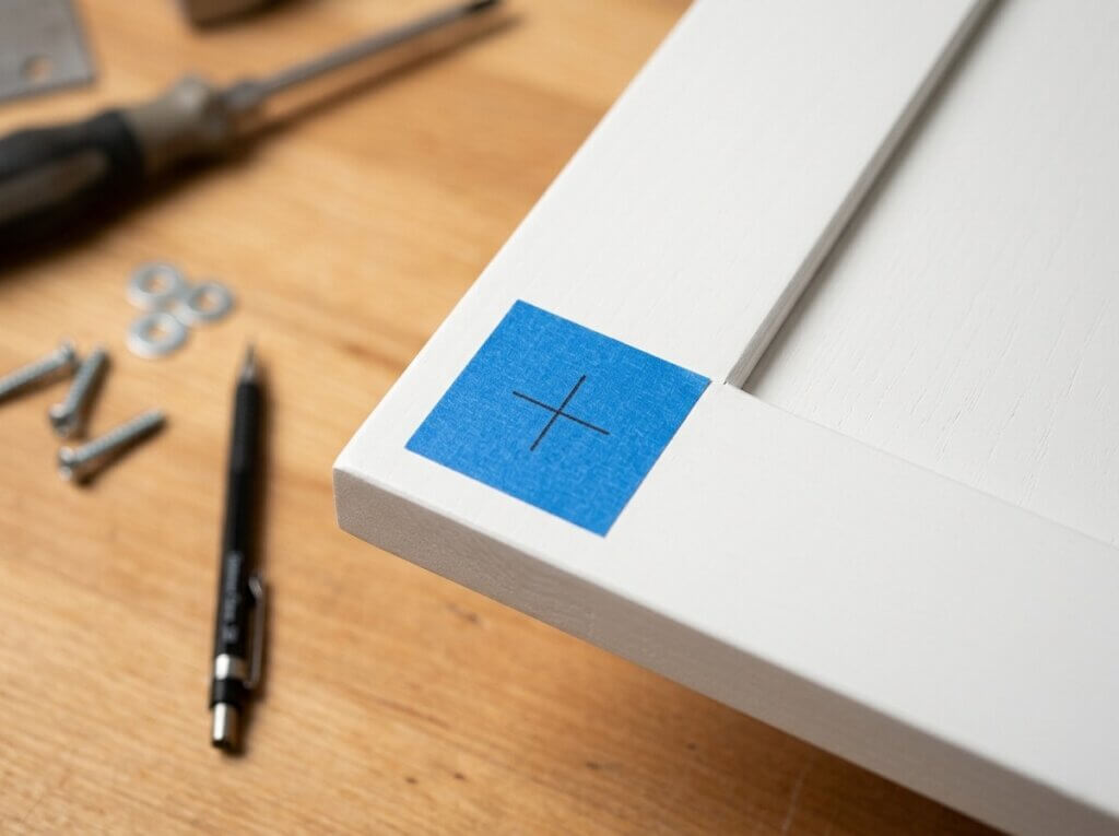 A close-up of blue painter's tape with a pencil crosshair marking the drill hole on a white Shaker cabinet door.