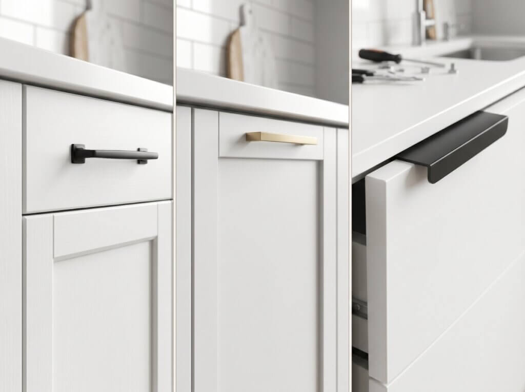 A three-panel comparison guide showing proper handle placement on white cabinets: a matte black pull centered on a standard Shaker stile (left), a brushed brass pull on a modern Slim Shaker top rail (middle), and a black edge pull on a flat slab door (right).