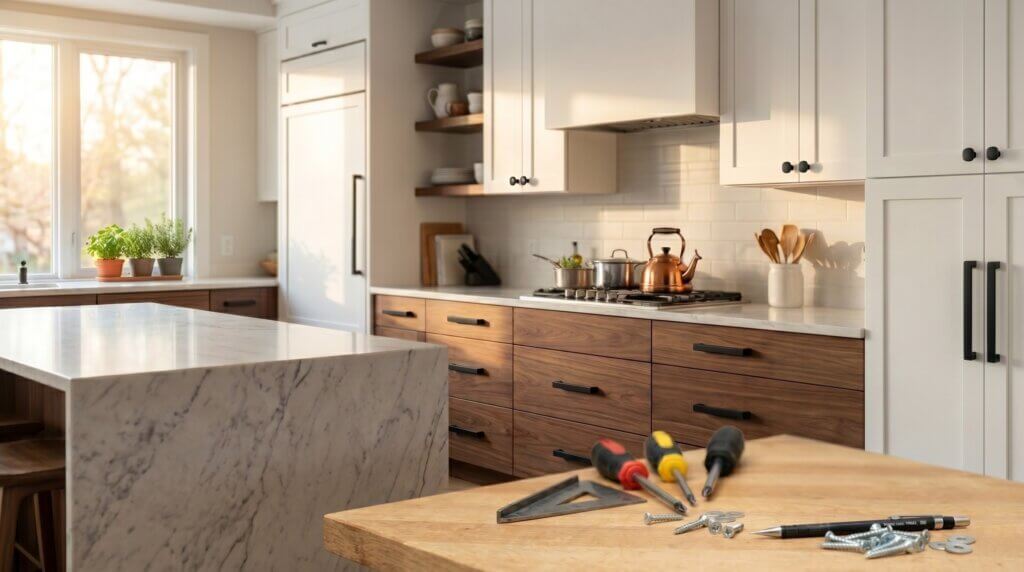 A high-end photo of a corrected two-tone modern kitchen featuring perfectly placed matte black knobs and pulls, based on the approved action details.