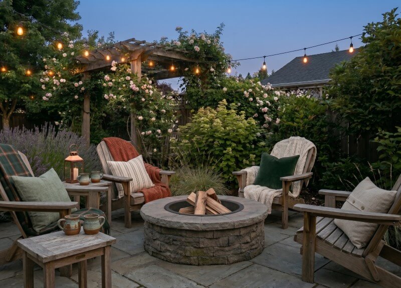 A cozy backyard patio fire pit gathering area at twilight, with Adirondack chairs, a s'mores kit, and string lights.