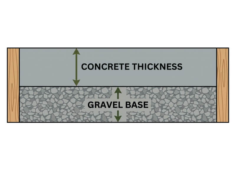 Cross-section diagram showing concrete slab thickness, gravel sub-base depth, and wooden formwork for a DIY backyard pour.