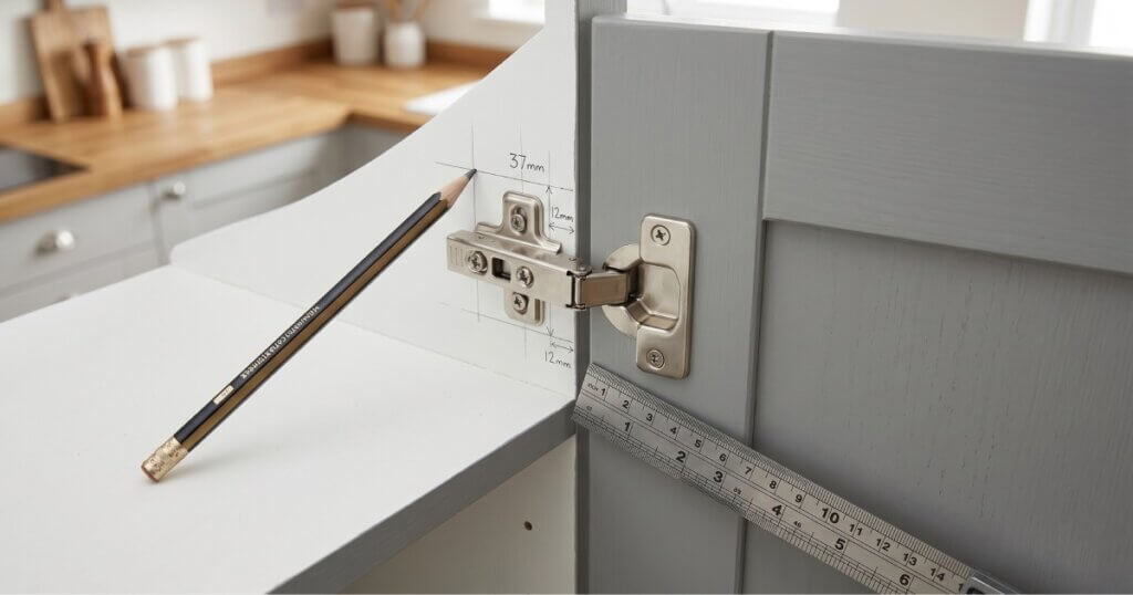 high-angle close-up shot of a stainless steel soft-close hinge mounted on a cabinet door and frame, with measurement marks and a carpenter's pencil indicating alignment points.