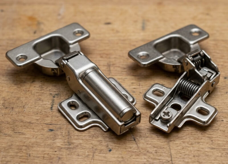 Side-by-side comparison of a modern soft-close cabinet hinge with a hydraulic cylinder and a standard builder-grade hinge.