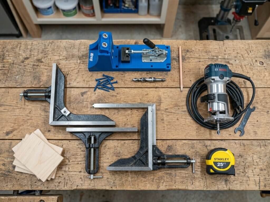 A wooden workbench displaying a Kreg pocket hole jig, right angle corner clamps, a compact trim router, and a tape measure.