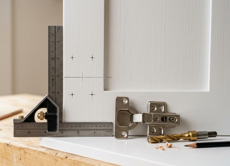 A detailed close-up shot of precise pencil layout marks on a white face frame cabinet stile, next to a combination square, a compact soft-close hinge, and a self-centering drill bit.