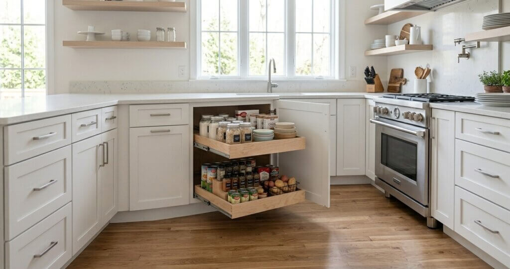 A brightly lit modern kitchen base cabinet open to reveal two fully extended, custom-built wooden pull-out shelves loaded with organized pantry items.