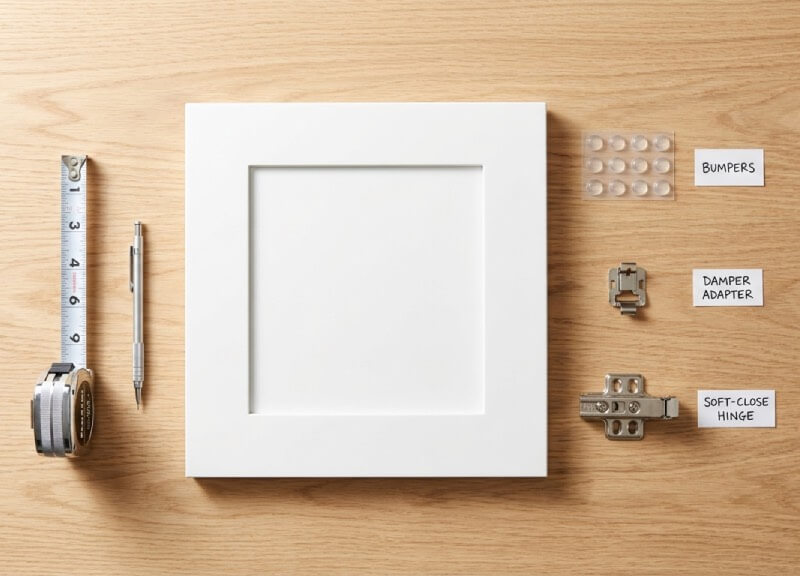 A top-down view of a white cabinet door next to clear rubber bumpers, a clip-on hinge damper, and a full soft-close hinge on a wooden workbench.