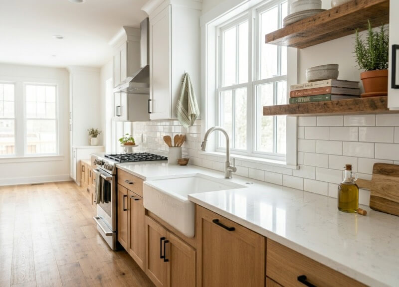  Bright modern farmhouse kitchen with custom light oak lower cabinets, white shaker uppers, and subway tile.