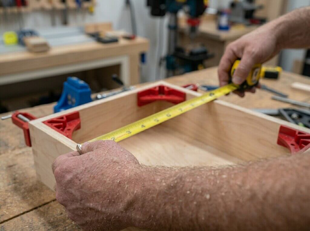 Hands using a yellow tape measure to diagonally measure a clamped plywood drawer box to ensure it is perfectly square.