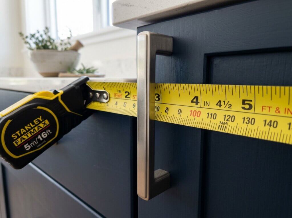 A close-up of a measuring tape showing both inches and millimeters laid across a modern metal cabinet pull.