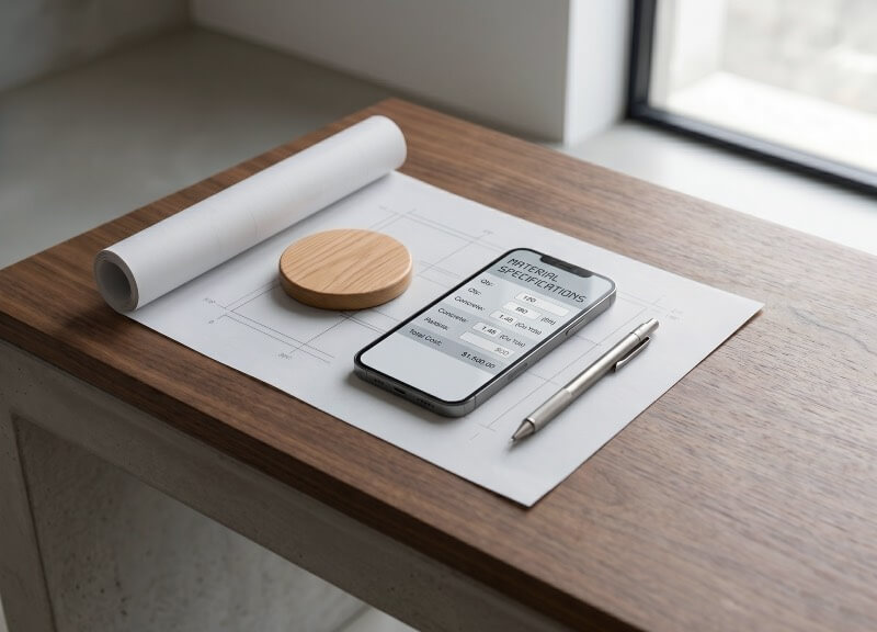 Smartphone displaying a material specifications calculator on a wooden desk with blueprints and a pen.