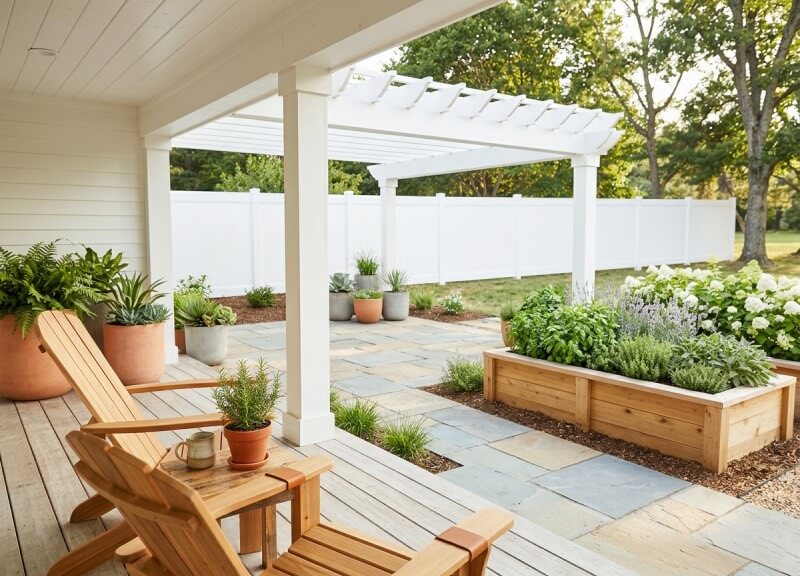 Sun-drenched DIY outdoor patio and porch with cedar chairs, a white pergola, and raised wooden garden beds.
