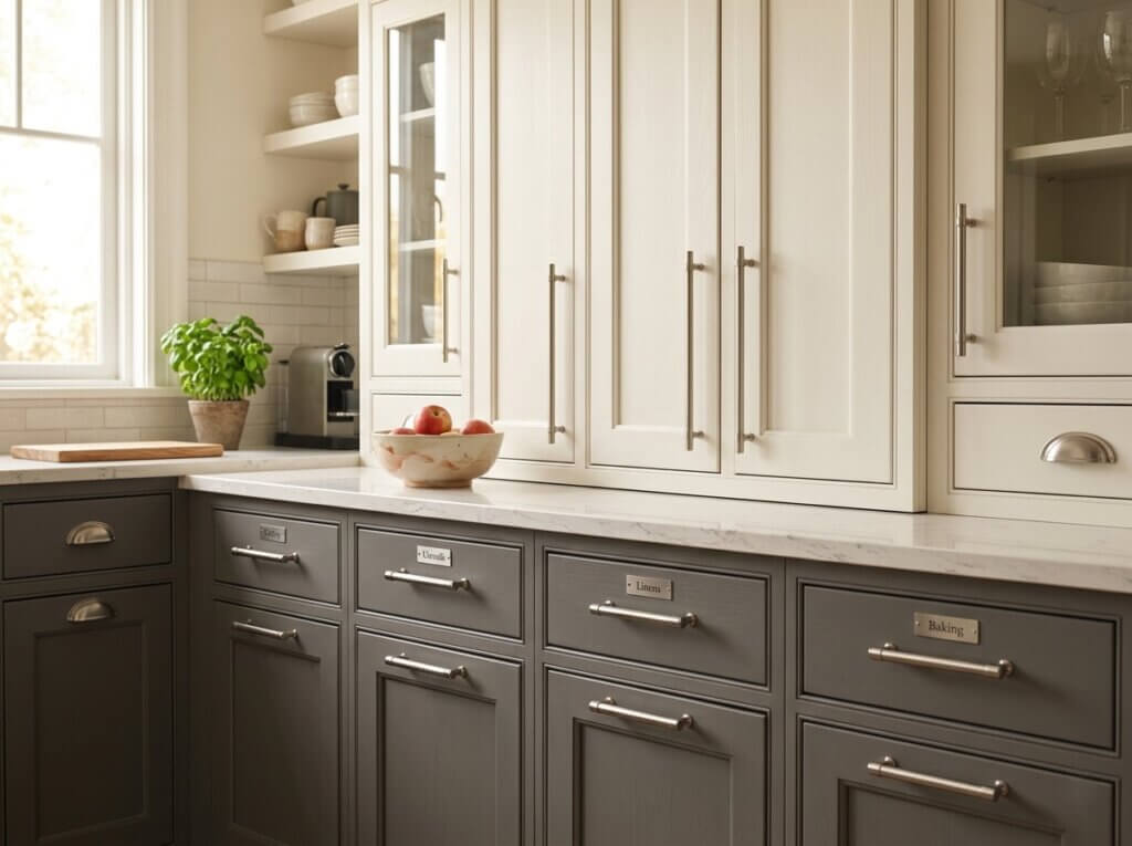 A beautifully lit kitchen showing perfectly aligned brushed nickel drawer pulls on white Shaker upper cabinet handles.