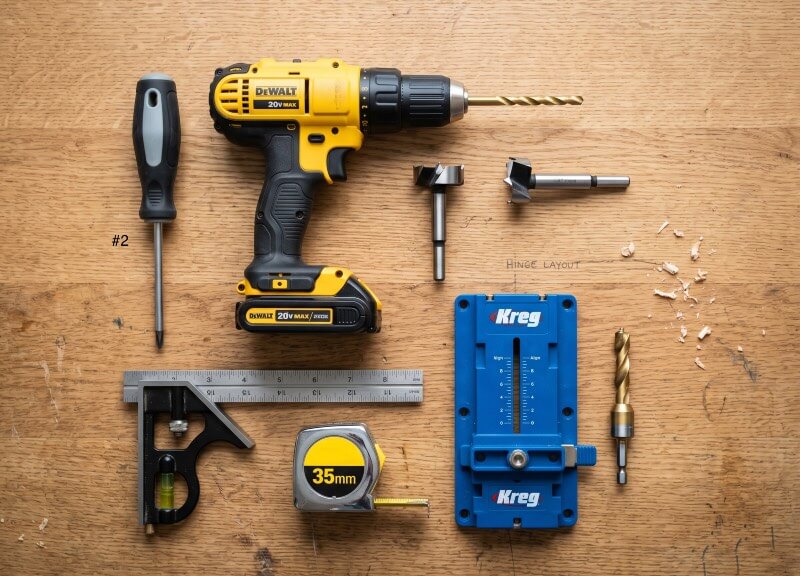 A neat top-down flat-lay photograph on a wood workbench displaying the required tools for installing concealed hinges, including a yellow power drill, a Kreg hinge jig, a 35mm Forstner bit, a screwdriver, a combination square, and a tape measure.