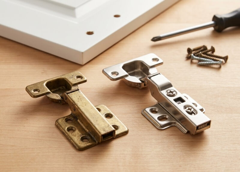 A close-up photograph showing an old, removed brass hinge resting side-by-side with a new, gleaming stainless steel soft-close hinge on a wooden workbench for a replacement tutorial.