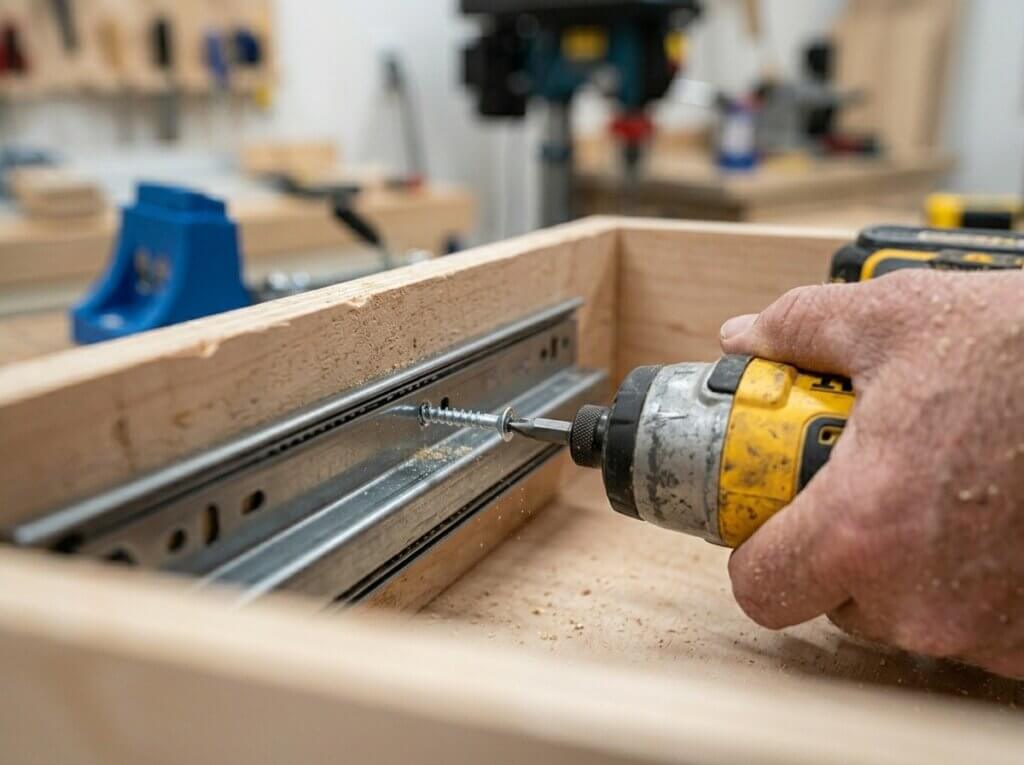 A close-up of a cordless drill driving a screw into a steel undermount drawer slide inside a wooden cabinet.