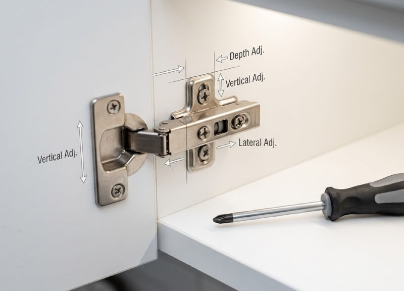 A close-up photograph of a mounted soft-close cabinet hinge, focusing on the adjustment screws with a Phillips screwdriver resting nearby on a white cabinet shelf.