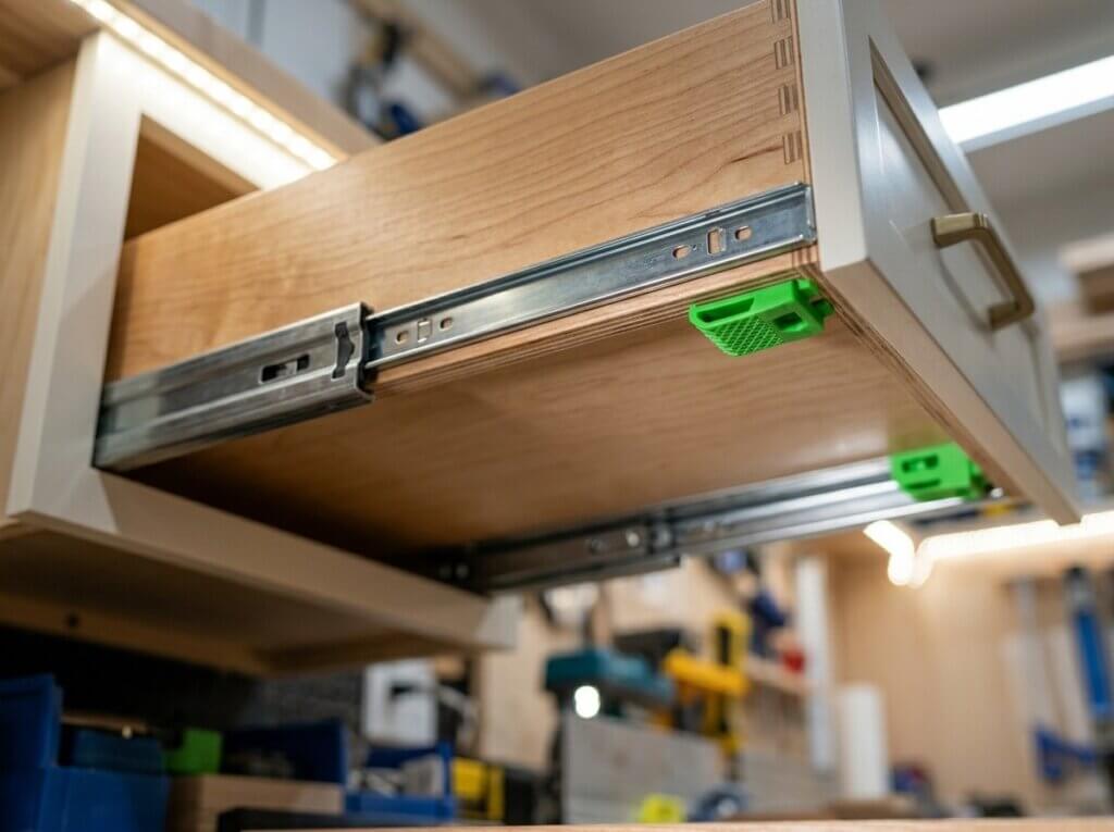 Close-up view underneath a wooden drawer box showing heavy-duty steel undermount slides and plastic locking clips.