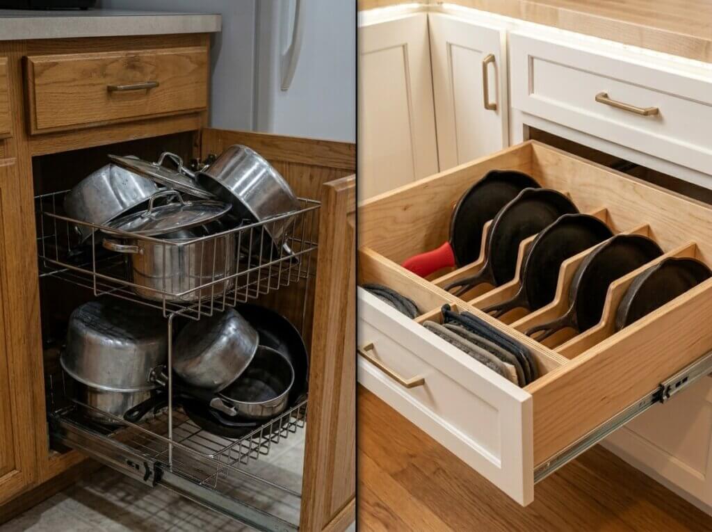 Side-by-side comparison of a cluttered wire pull-out rack and a neatly organized custom DIY plywood drawer holding cast iron skillets.