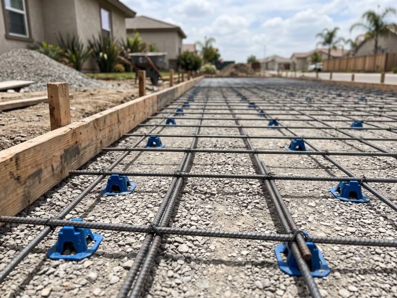 Steel rebar grid elevated on plastic chairs over a compacted gravel sub-base for a 6-inch heavy-duty concrete slab.