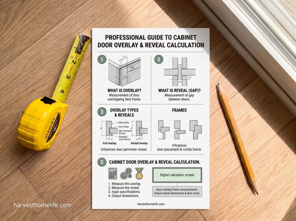 A five-panel technical infographic guide for calculating cabinet door overlay and reveal dimensions, featuring diagrams for full overlay and partial overlay setups,set on a wooden desk next to a tape measure.Title: Professional Cabinet Door Overlay & Reveal Calculation Guide
