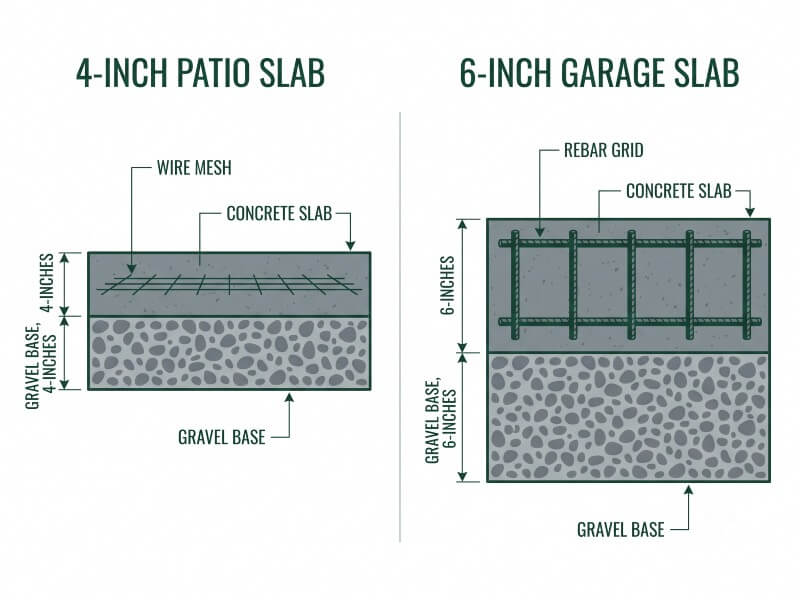 Architectural cross-section diagram comparing a 4-inch concrete patio slab to a 6-inch heavy-duty garage slab with rebar.