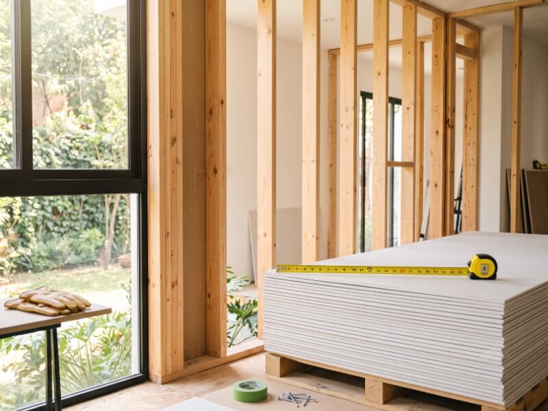 A yellow measuring tape resting on a stack of new drywall sheets inside a room with exposed wooden studs.