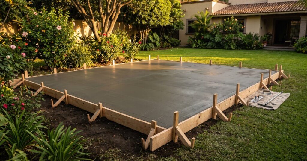 Freshly poured 4-inch concrete patio slab with wooden formwork attached in a backyard setting.