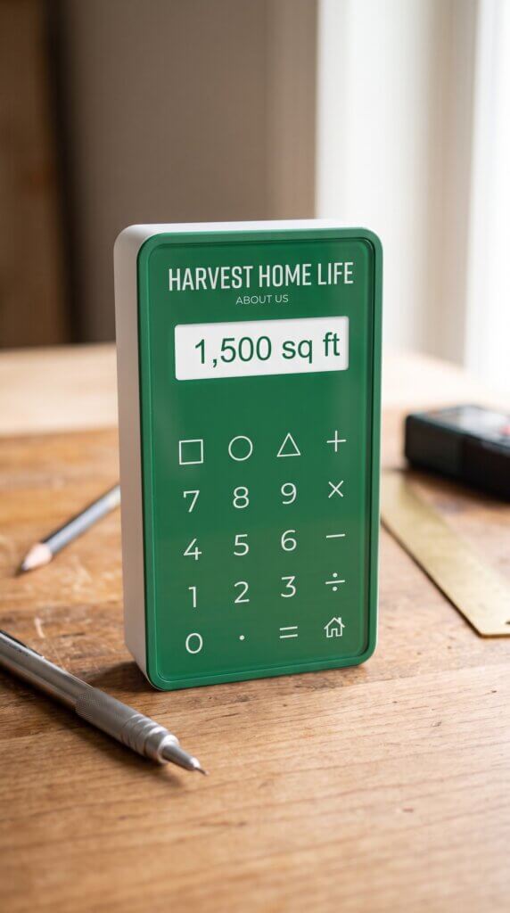 A modern green Harvest Home Life DIY calculator sitting on a wooden workbench displaying 1,500 square feet on a white screen.