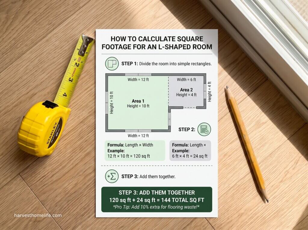 How to Figure Square Footage of a Room (Free Calculator) 1 An infographic resting on a wood floor next to a tape measure, showing how to calculate the square footage of an L-shaped room by splitting it into two separate rectangles.