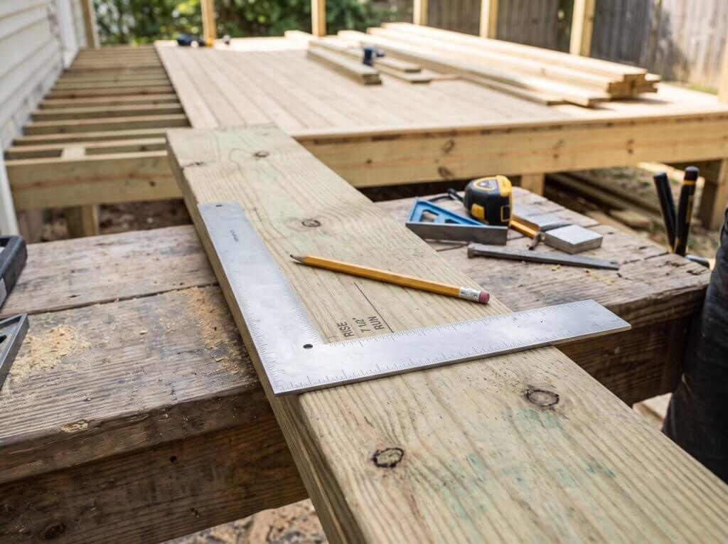 A close-up of a DIY builder using a metal framing square to mark the exact rise and run measurements on a 2x12 piece of lumber for a stair stringer.