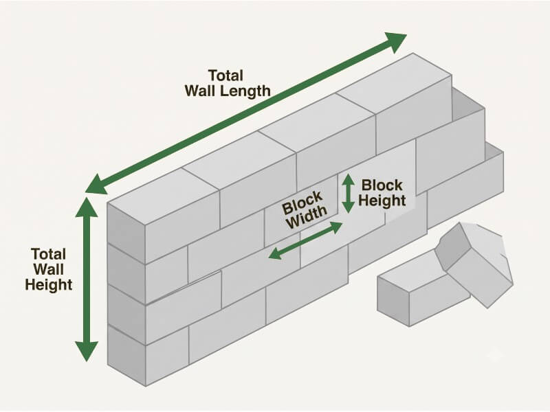 Free Retaining Wall Block Calculator & Cost Estimator 1 A clean, top-down architectural diagram of a retaining wall made of landscaping blocks showing length, height, and individual block dimensions used in a retaining wall block calculator.