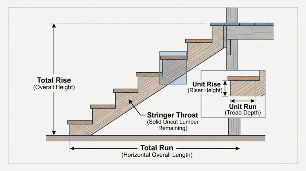 Architectural diagram showing how to measure total rise, total run, unit rise, unit run, and stringer throat for deck stairs.
