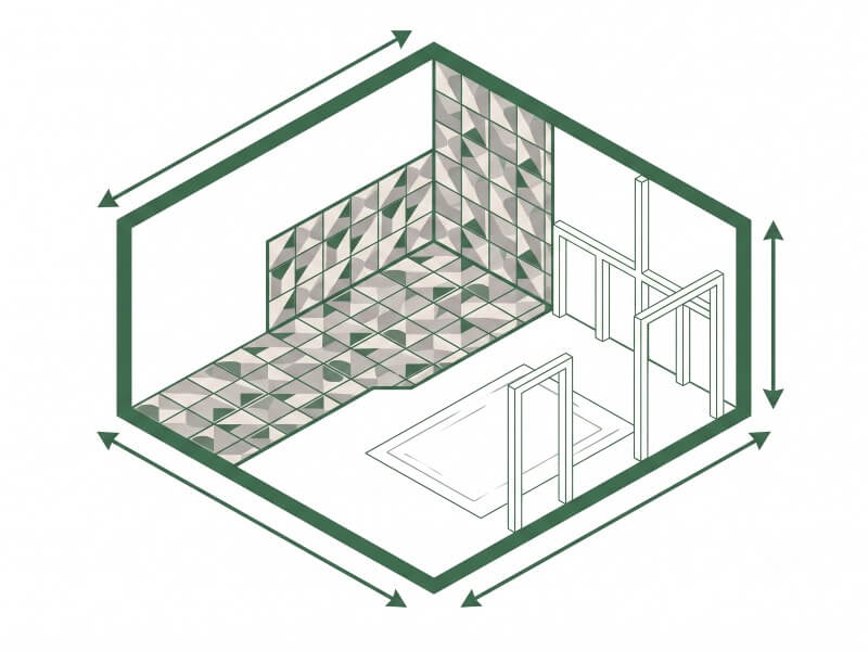 Isometric flat vector architectural diagram of a tiling layout, showing area length, width, and tile dimensions with deep pine green measurement arrows for calculating floor and backsplash materials.