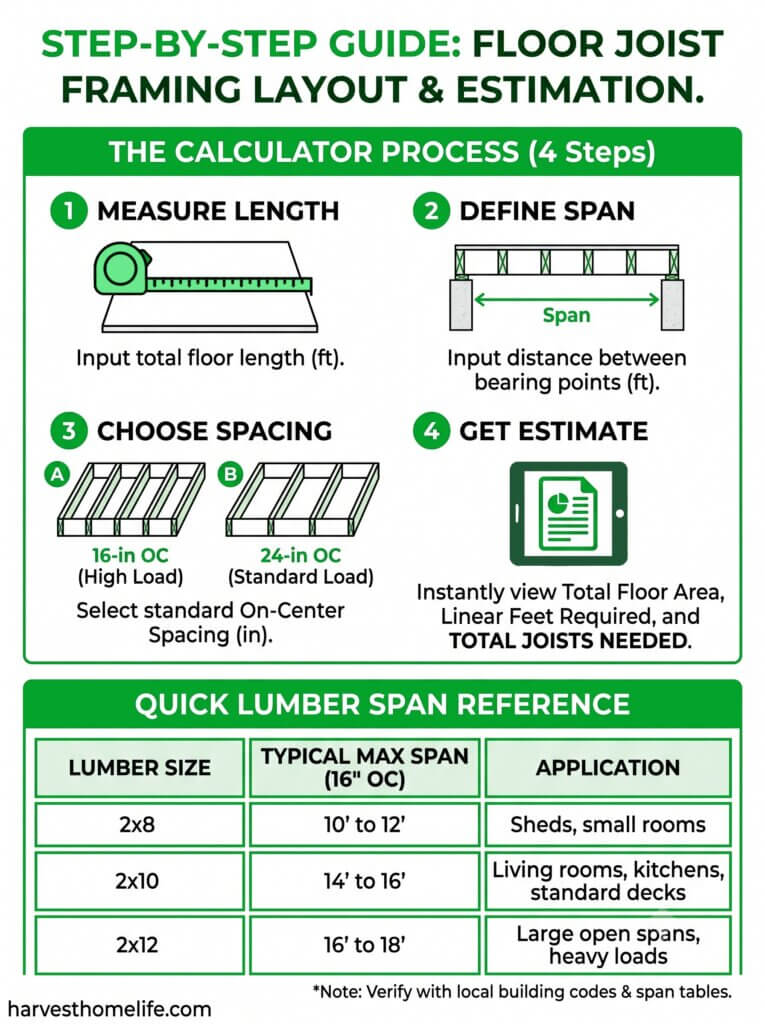 A minimalistic green and white infographic illustrating the 4-step process for framing a floor and estimating joist count based on length, span, and on-center spacing.