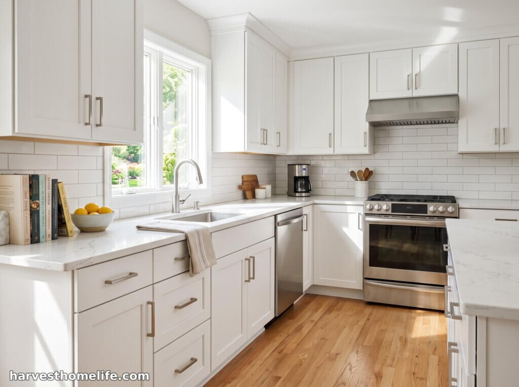 A newly remodeled kitchen featuring freshly painted white cabinets and modern stainless steel hardware.