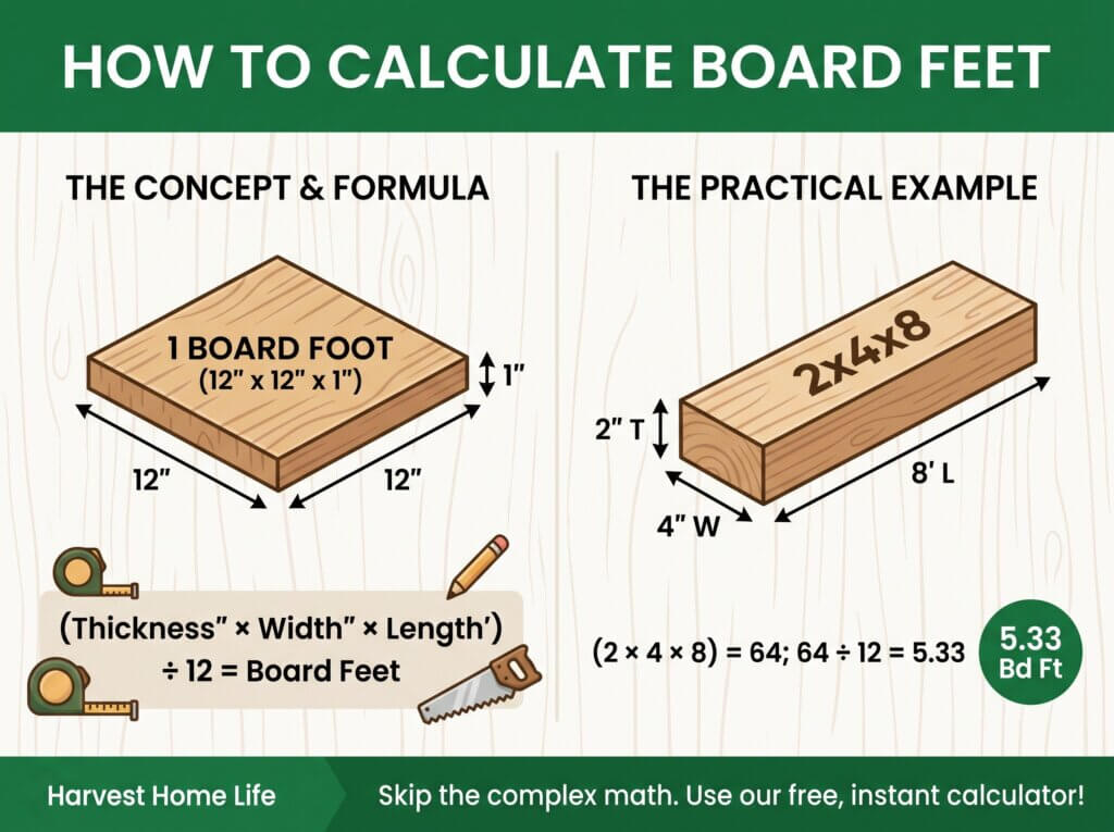 Infographic illustrating how to calculate board feet using the formula: (Thickness in inches × Width in inches × Length in feet) divided by 12, with a visual example of a 12x12x1 block and a 2x4x8 board resulting in 5.33 board feet.