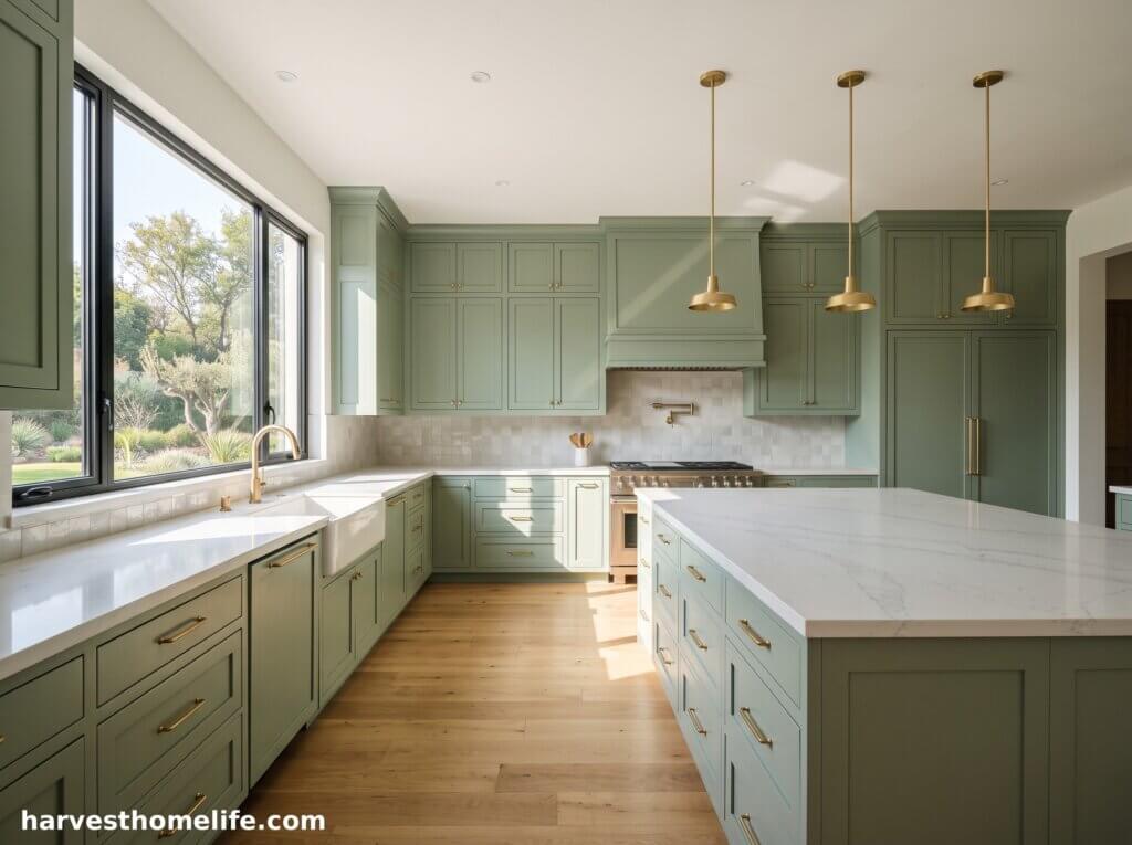 painted sage green shaker kitchen cabinets