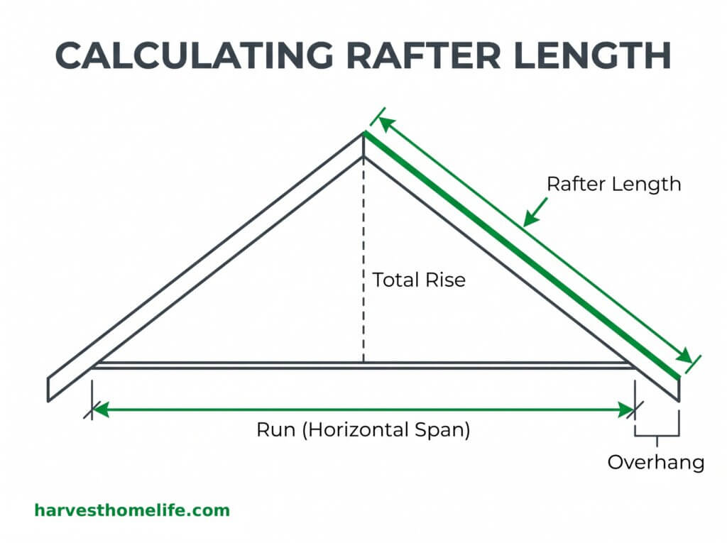 Free Rafter Length Calculator & Roof Pitch Estimator 1 Professional 2D blueprint diagram illustrating the components of a roof framing calculation, including the horizontal run, total rise, overhang, and the exact diagonal rafter length.