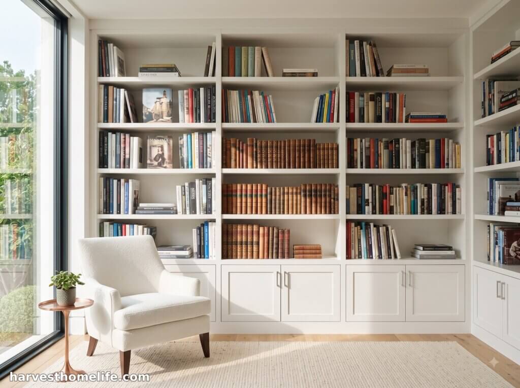 Shelf Strength & Sag Calculator: Find Your Load Limit 1 white library built ins minimalist corner white chair
