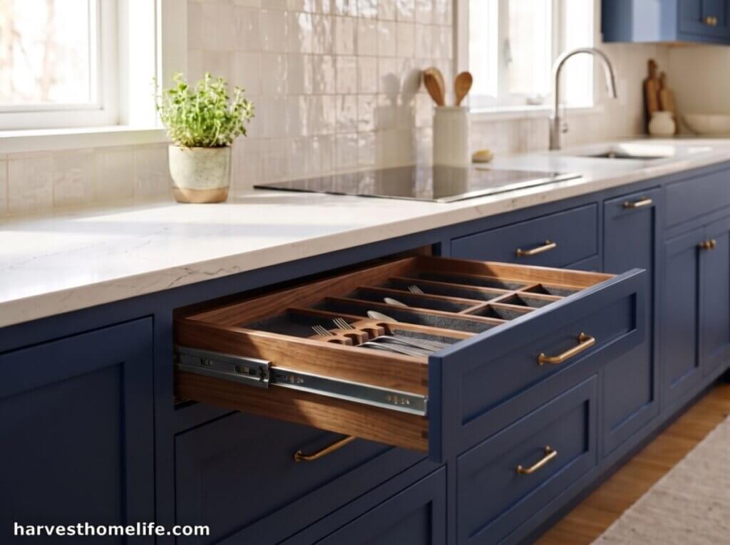 Drawer Dimensions & Slide Clearance Calculator 1 organized navy blue kitchen cutlery drawer