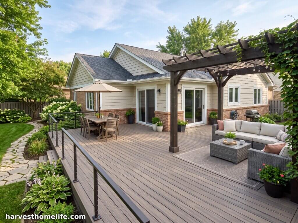 Deck Board Calculator | Spacing & Square Footage Estimator 1 An expansive, pristine composite backyard deck in the sunlight.